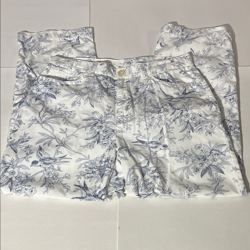 Lauren Ralph Lauren VINTAGE White Blue Bird Ankle Length Straight Leg Pants sz 8